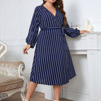 Melo Apparel Plus Size Striped Surplice Neck Long Sleeve Dress