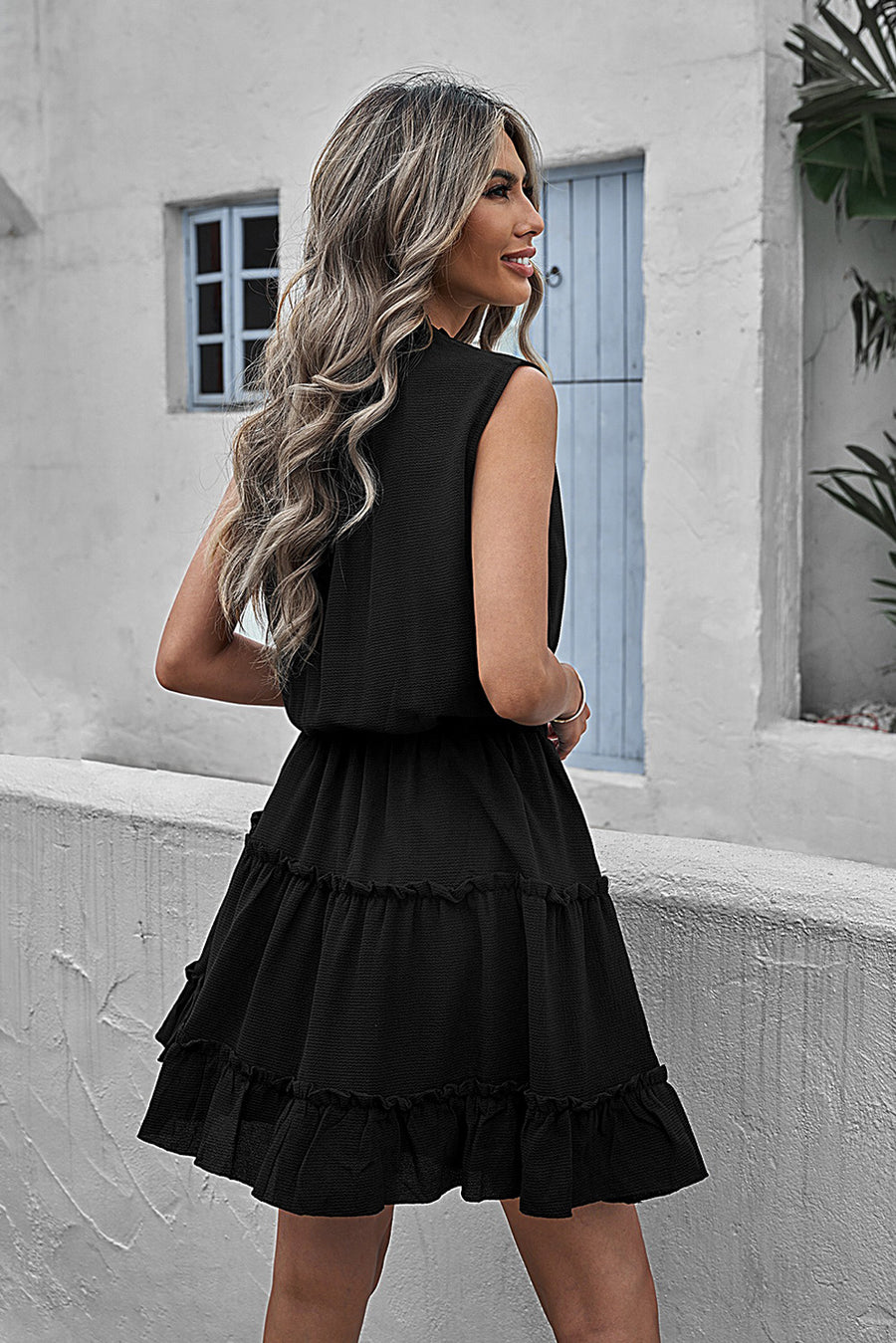 Tie Neck Frill Trim Sleeveless Mini Dress