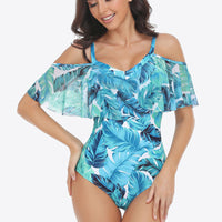 Botanical Print Cold-Shoulder Layered One-Piece Swimsuit