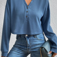 Cropped V-Neck Raglan Sleeve Buttoned Blouse