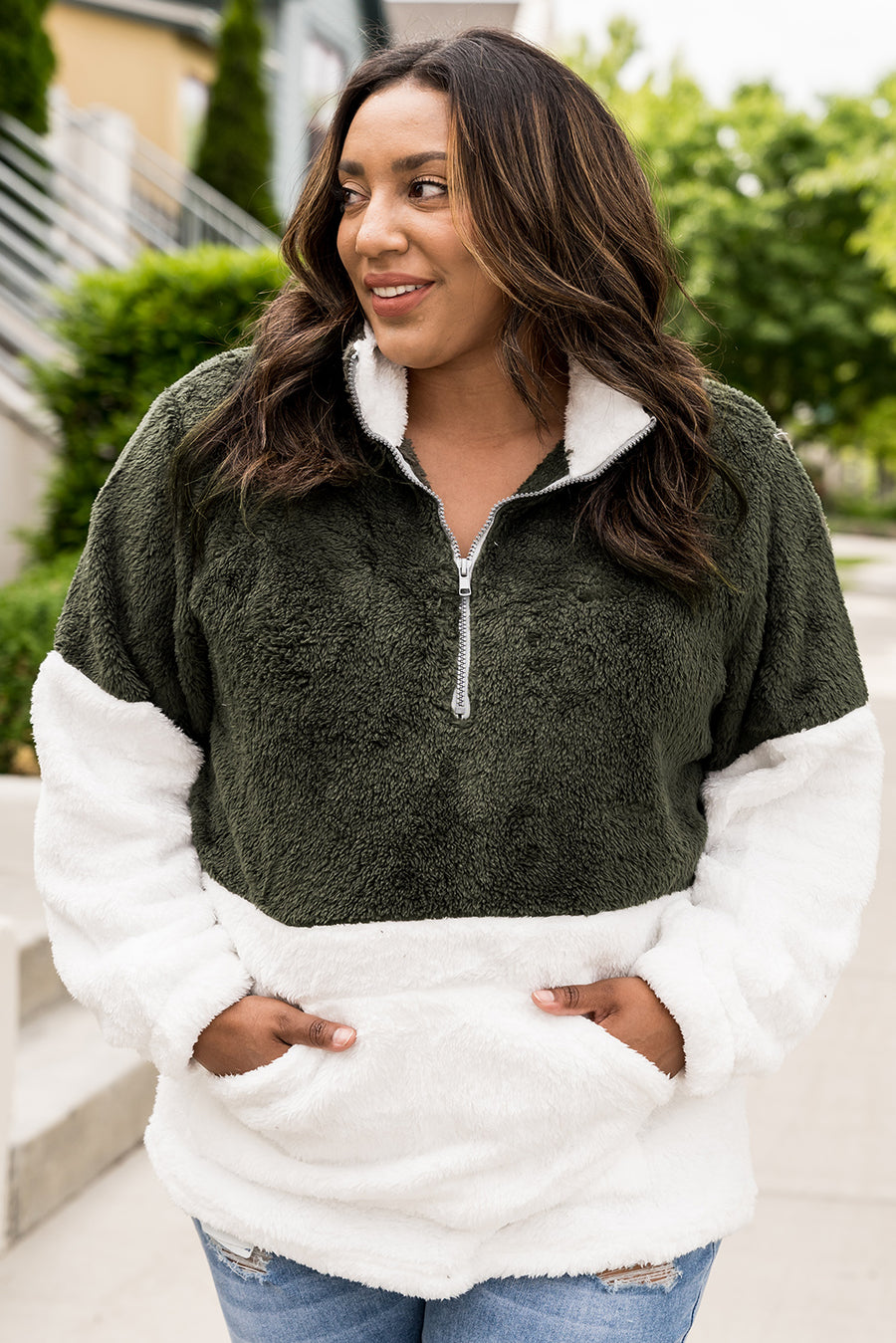 Plus Size Half Zipper Fleece Sweatshirt with Pocket