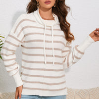 Cowl Neck Drastring Dropped Shoudler Striped Print Blouse