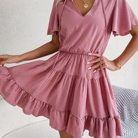 Tie Neck Tiered Flutter Sleeve Mini Dress