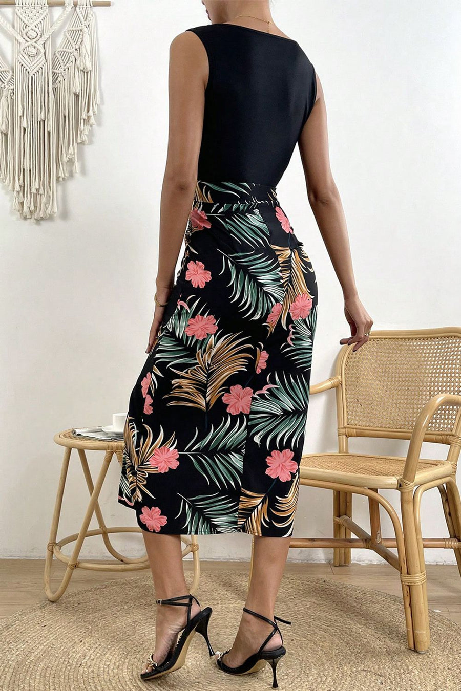 Scoop Neck Printed Sleeveless Split Midi Dress