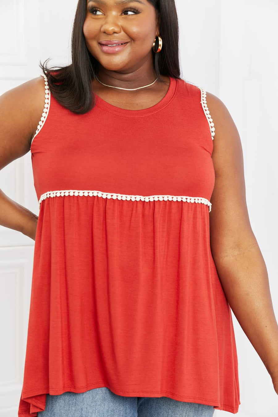 Celeste Next To You Full Size Lace Detail Sleeveless Top in Rust