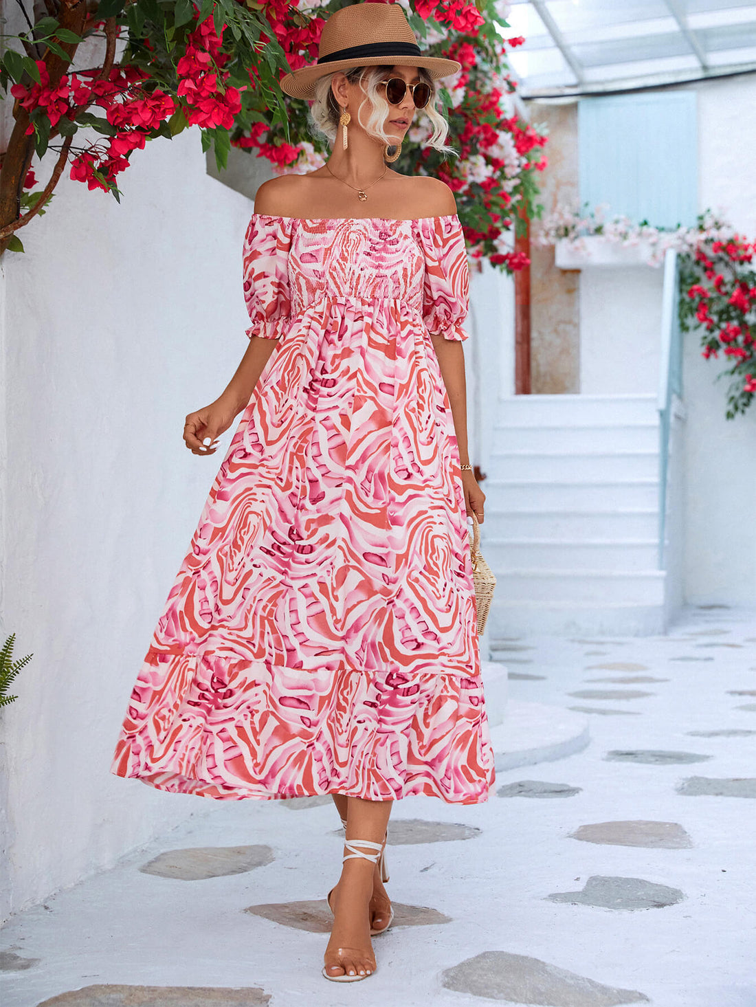 Floral Smocked Flounce Sleeve Midi Dress