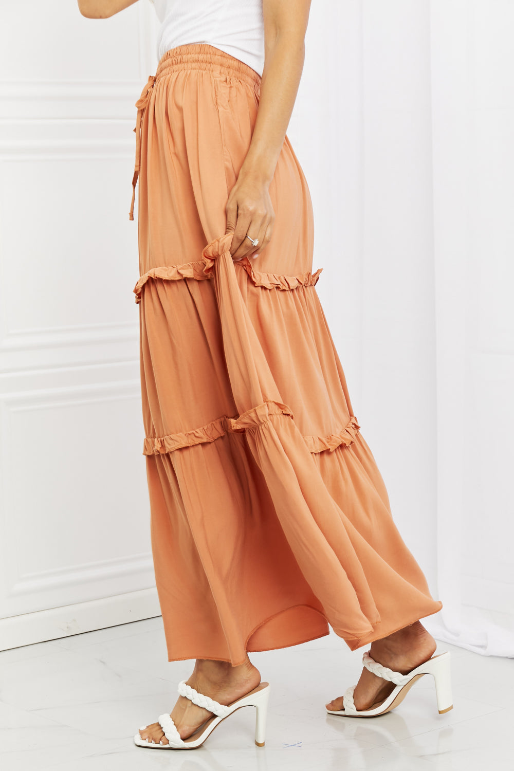 Zenana Summer Days Full Size Ruffled Maxi Skirt in Butter Orange