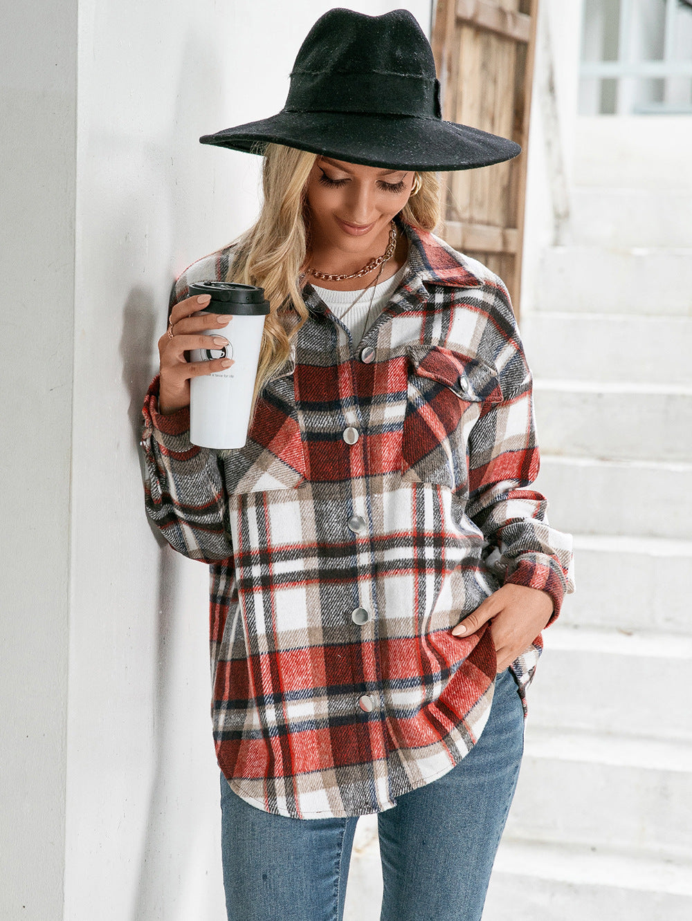 Meet You Outside Plaid Button Down Curved Hem Shacket