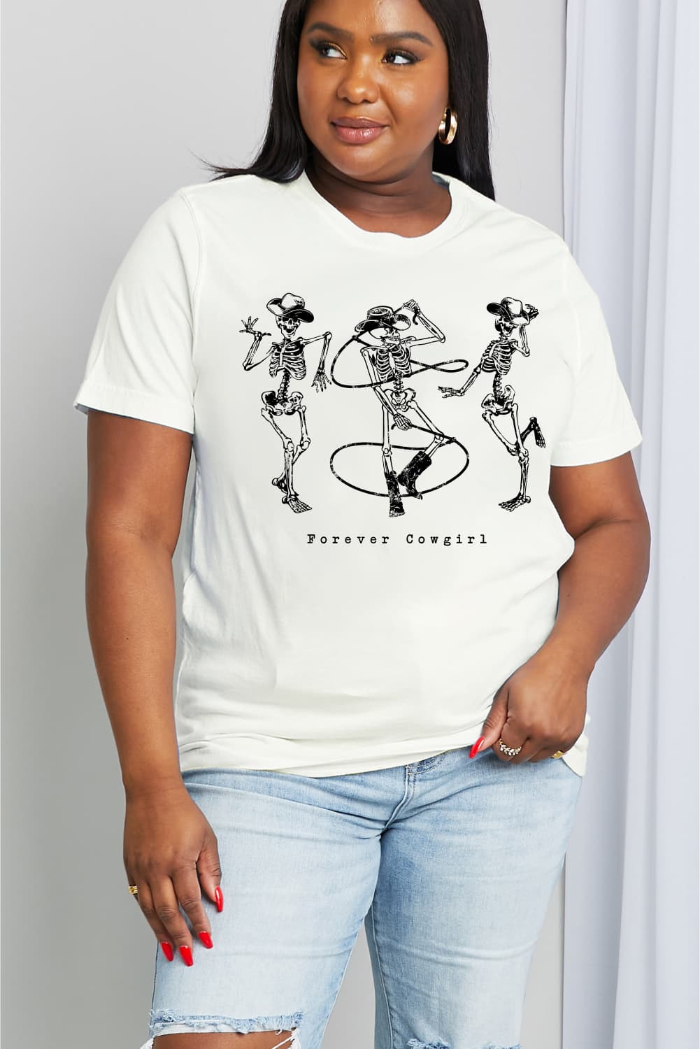 Simply Love Full Size FOREVER COWGIRL Dancing Skeleton Graphic Cotton Tee