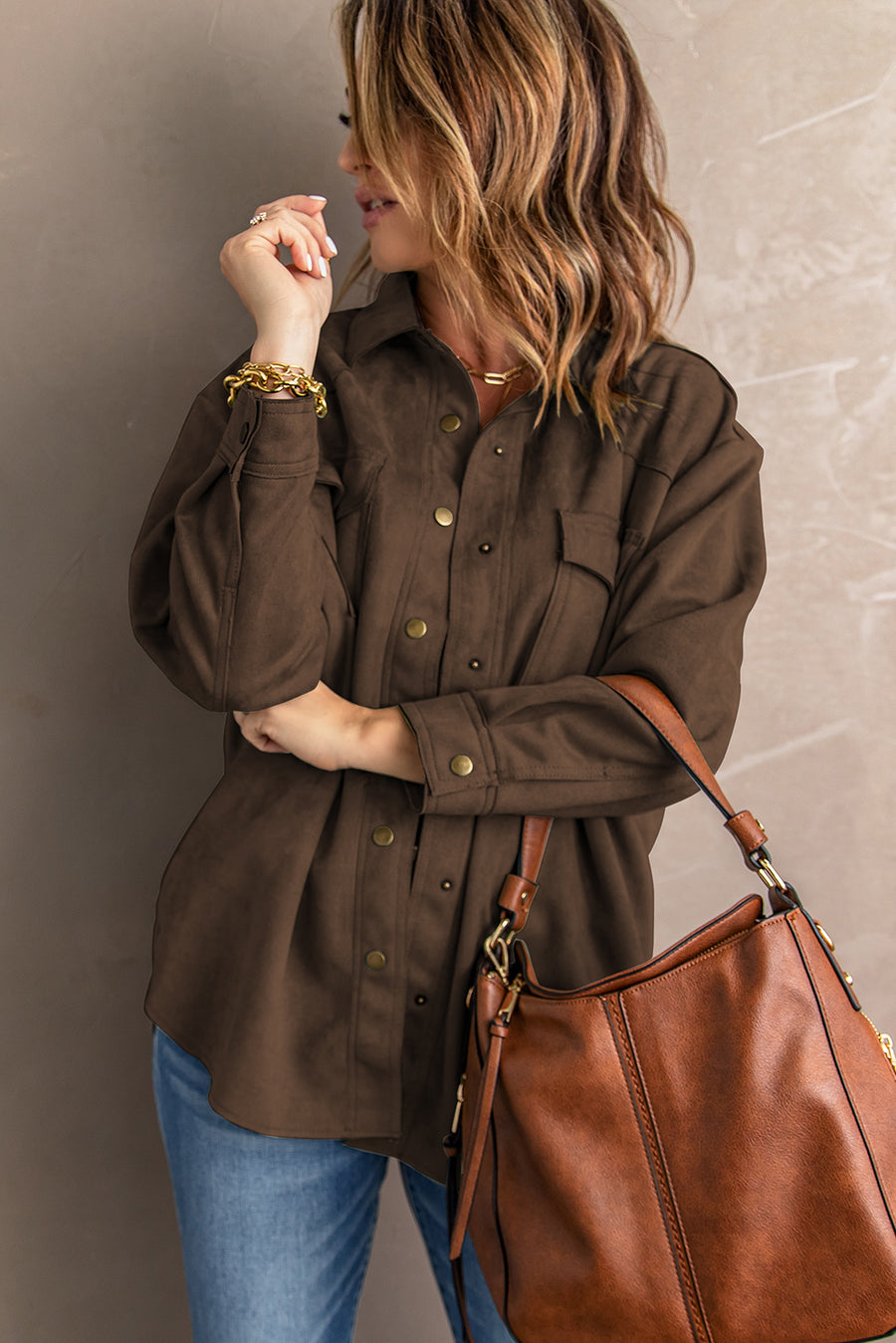 Suede Snap Front Dropped Shoulder Shirt Jacket