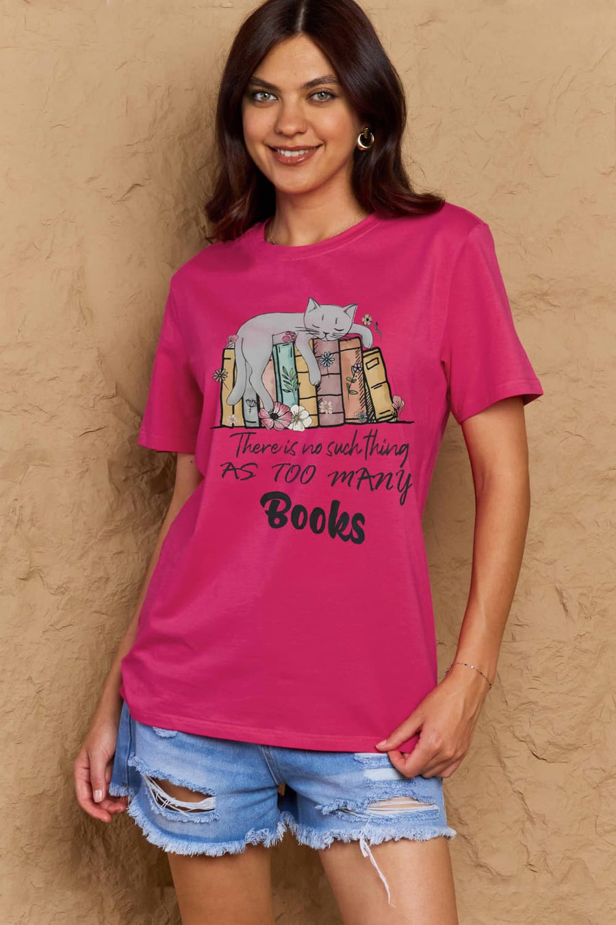 Simply Love Full Size Cat & Books Graphic Cotton Tee