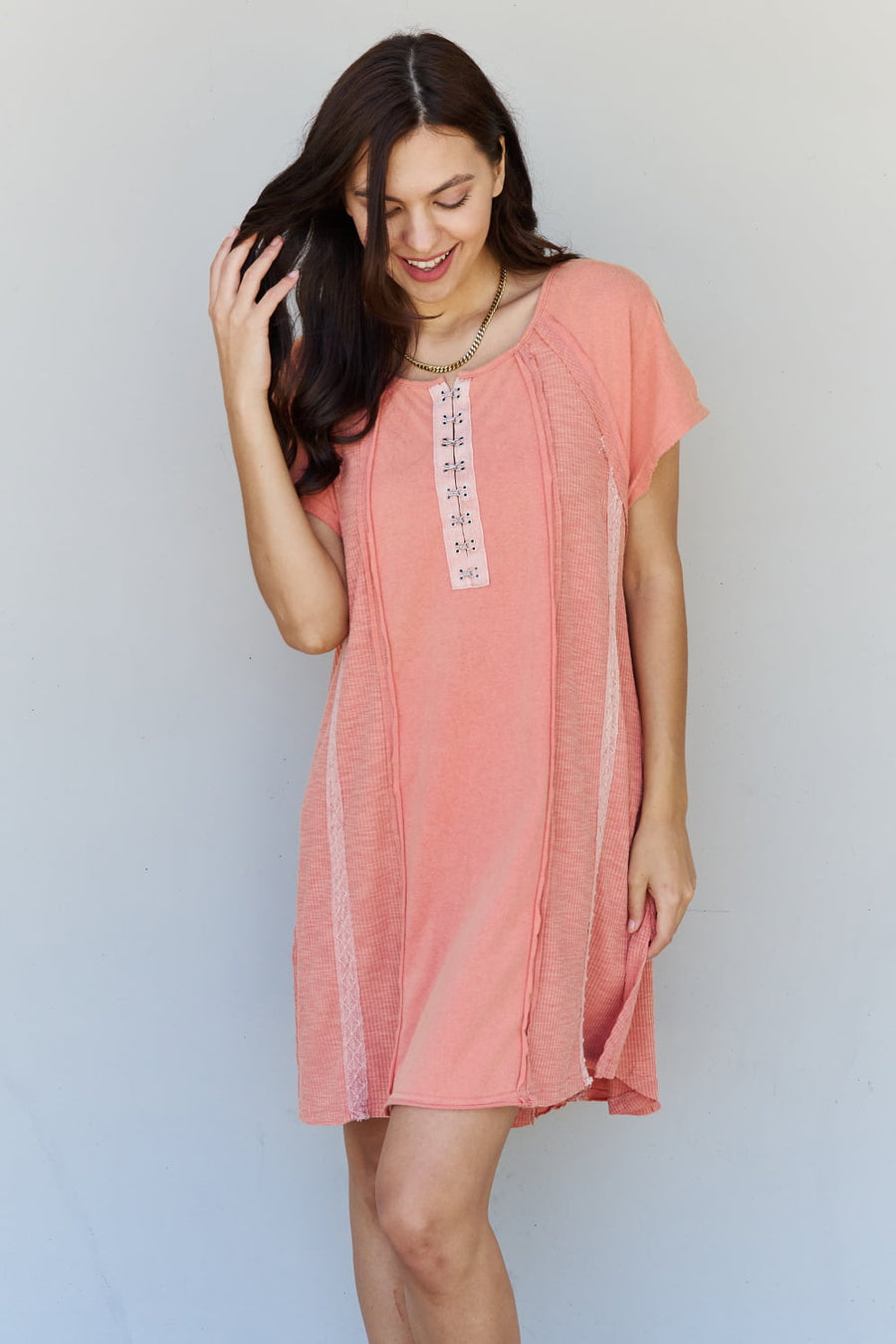 POL All Day Comfort Front Hook Contrast T-Shirt Dress in Blush Red