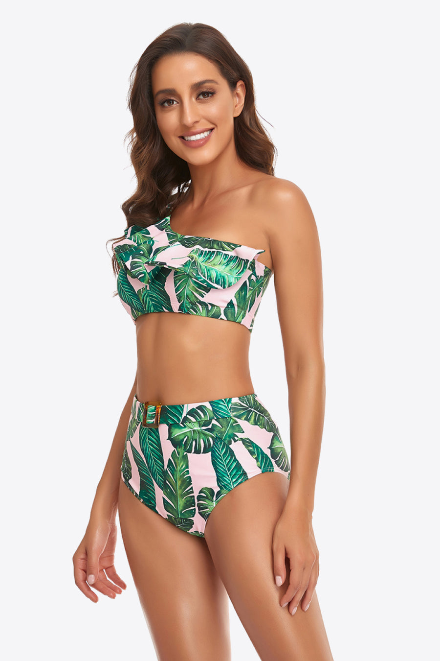 Ruffled One-Shoulder Buckled Bikini Set