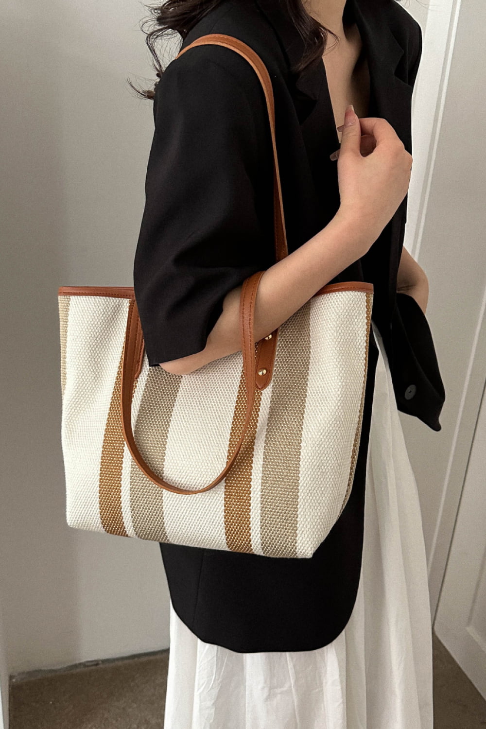 Tan and white stripe bag