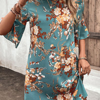 Floral Print Round Neck Flounce Sleeve Mini Dress