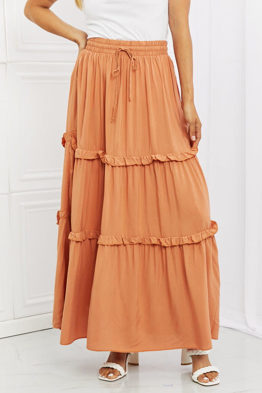 Zenana Summer Days Full Size Ruffled Maxi Skirt in Butter Orange