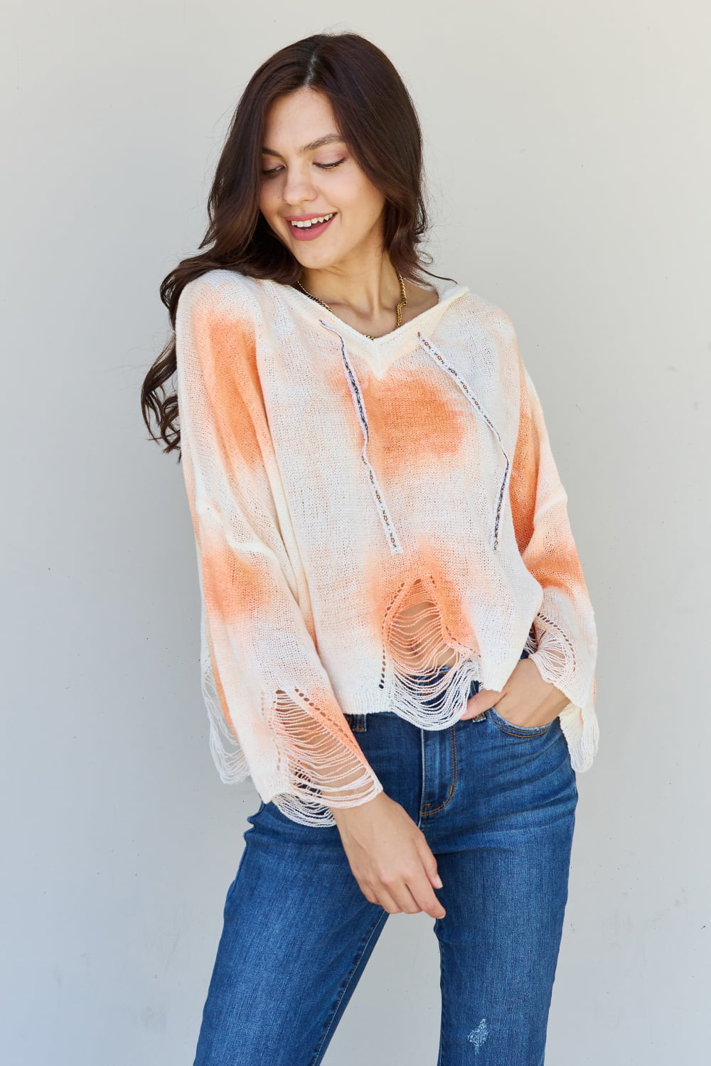 POL Mix It Up Tie Dye Hooded Distressed Sweater in Ivory/Orange