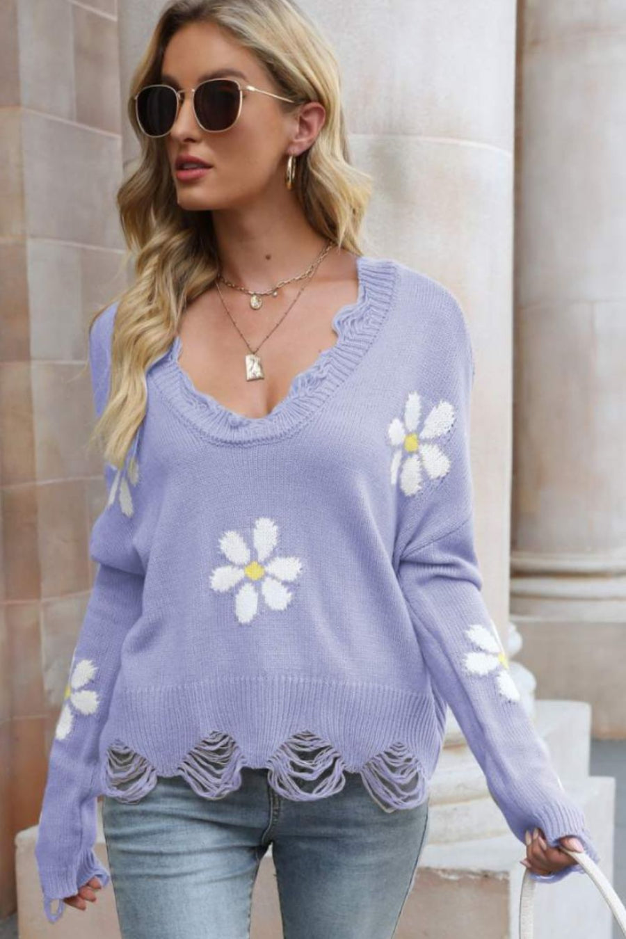 Flower Distressed Ribbed Trim Sweater