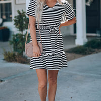 Striped Tie-Waist Frill Trim V-Neck Dress