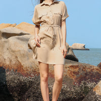 Half Button Drawstring Waist Short Sleeve Shirt Dress