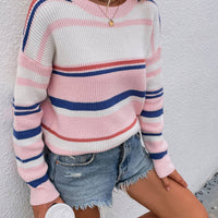 Striped Drop Shoulder Round Neck Pullover Sweater