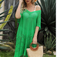 V-Neck Short Sleeve Fringe Hem Knit Dress