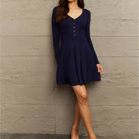 Ninexis V-Neck Buttoned Long Sleeve Mini Dress