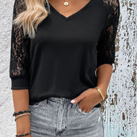 V-Neck Spliced Lace Raglan Sleeve Top