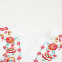 Embroidered Notched Neck Flounce Sleeve Top