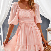 Tie-Back Ruffled Hem Square Neck Mini Dress