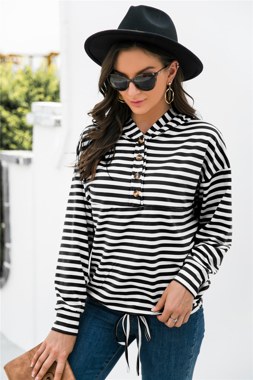 Striped Half-Button Dropped Shoulder Hoodie