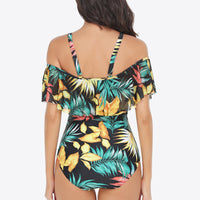 Botanical Print Cold-Shoulder Layered One-Piece Swimsuit