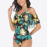 Botanical Print Cold-Shoulder Layered One-Piece Swimsuit