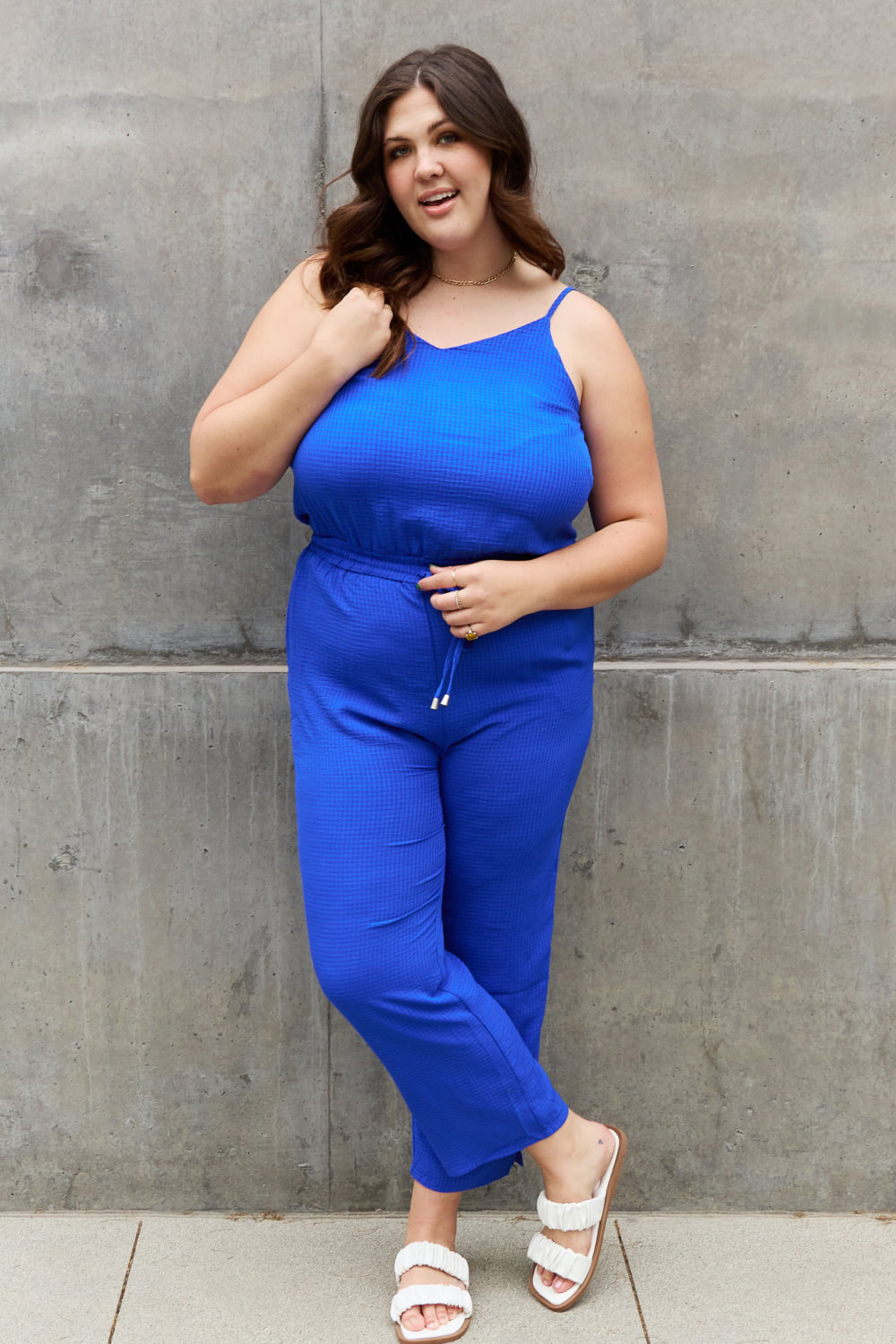 ODDI Full Size Textured Woven Jumpsuit in Royal Blue