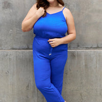 ODDI Full Size Textured Woven Jumpsuit in Royal Blue