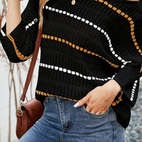 Striped Openwork Three-Quarter Sleeve Knit Top