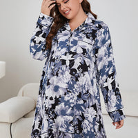 Plus Size Floral Lapel Collar Long Sleeve Night Dress