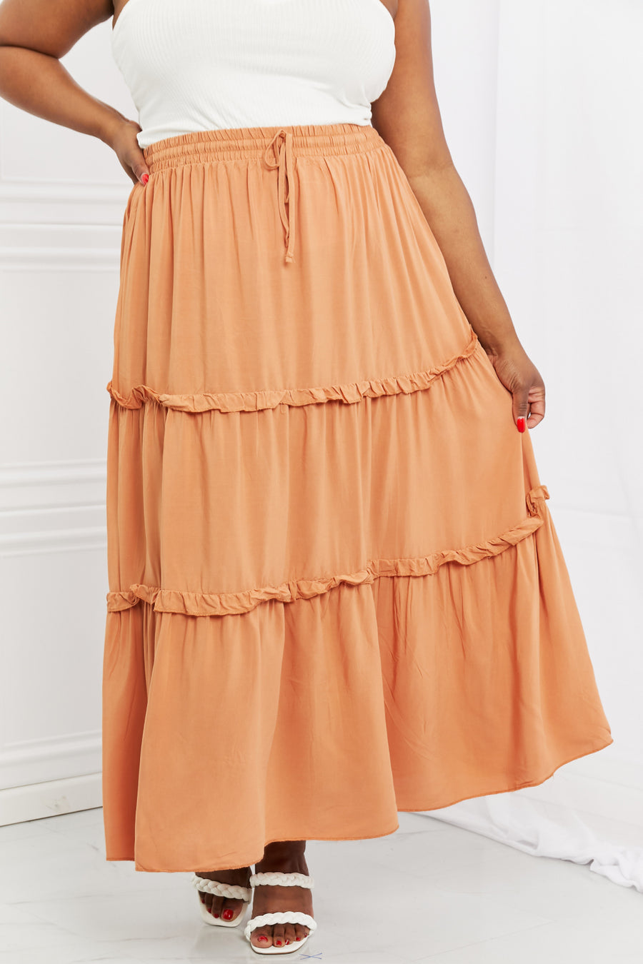 Zenana Summer Days Full Size Ruffled Maxi Skirt in Butter Orange