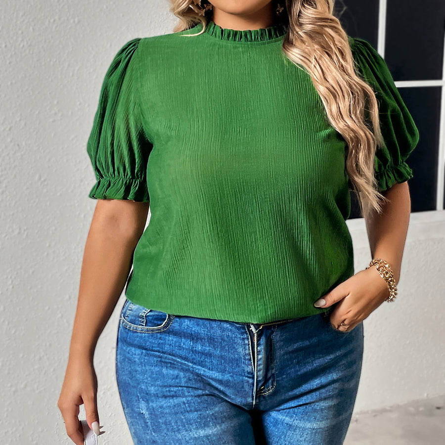 Plus Size Round Neck Flounce Sleeve Blouse