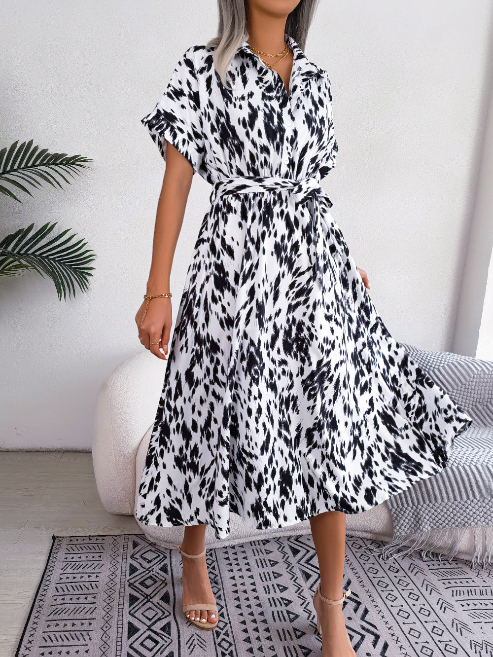 Printed Collared Neck Short Sleeve Tie Waist Dress