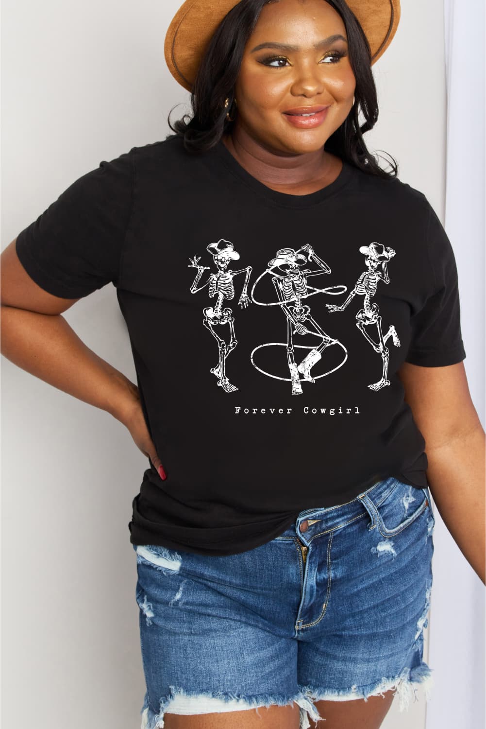 Simply Love Full Size FOREVER COWGIRL Dancing Skeleton Graphic Cotton Tee