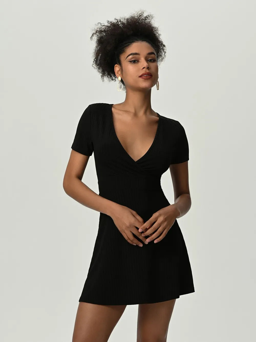 Deep V Short Sleeve Mini Dress