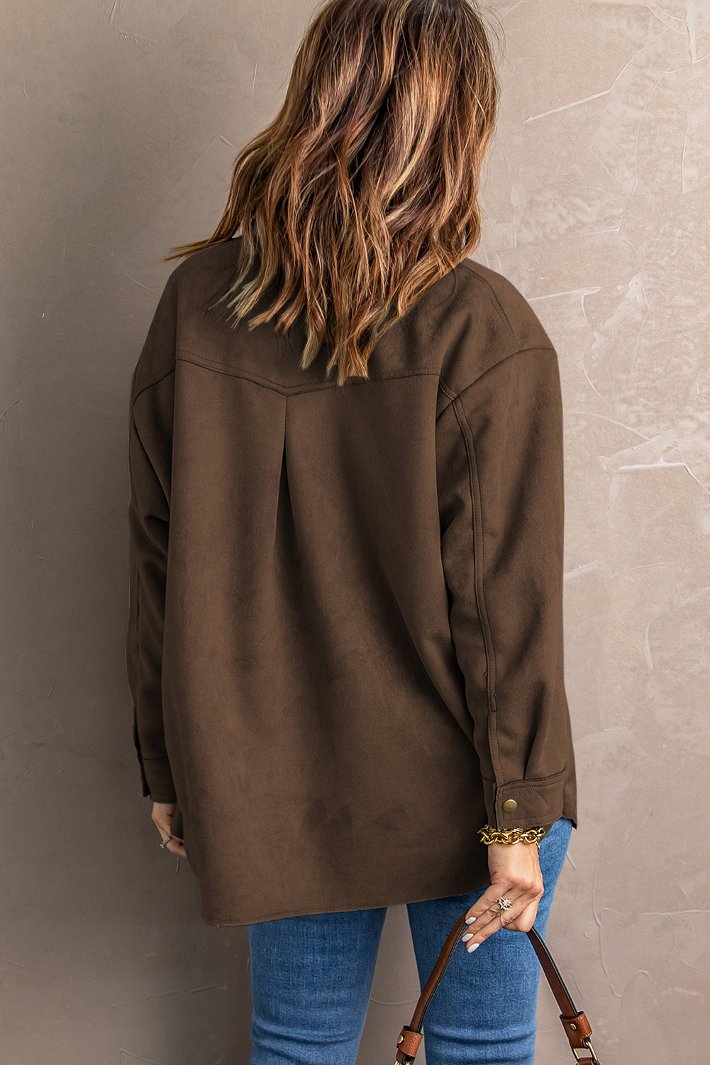 Suede Snap Front Dropped Shoulder Shirt Jacket