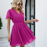 Surplice Neck Tie Waist Flutter Sleeve Pleated Dress