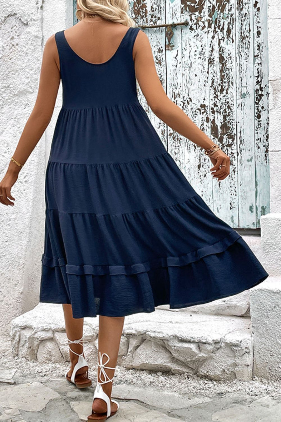 Decorative Button Scoop Neck Tiered Sleeveless Dress