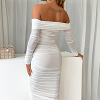 Off-Shoulder Ruched Midi Bodycon Dress