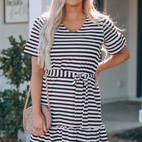 Striped Tie-Waist Frill Trim V-Neck Dress