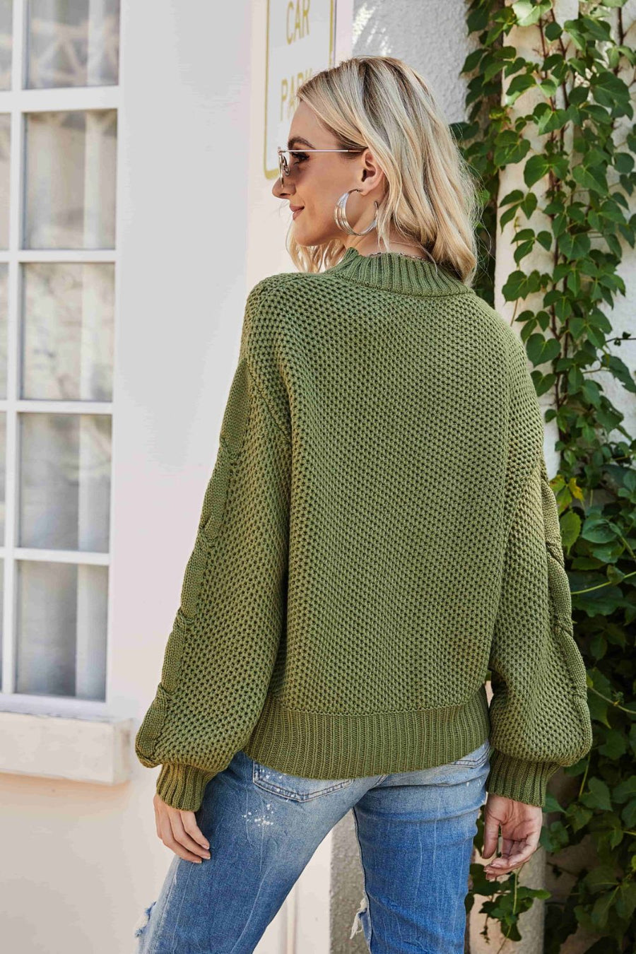 Mixed Knit Crewneck Drop Shoulder Sweater