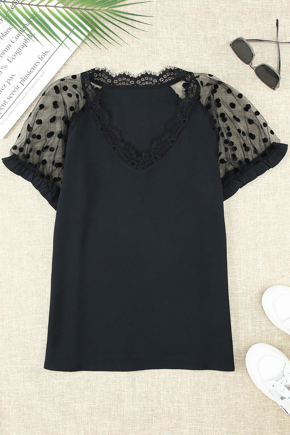 Polka Dot Lace Trim Spliced Mesh Blouse