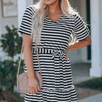 Striped Tie-Waist Frill Trim V-Neck Dress